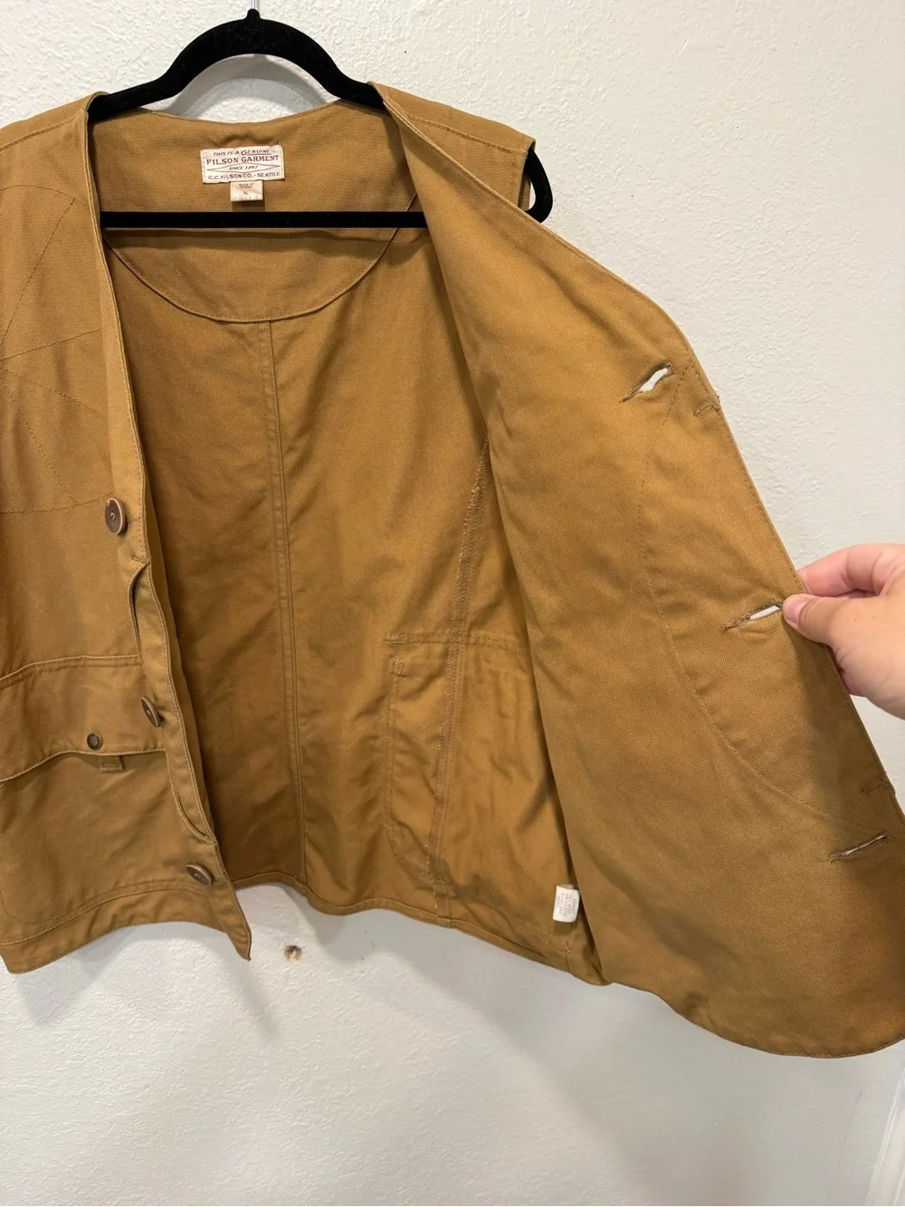 Filson Style 10493 Hunting Field Vest XL Tan Canvas Made USA Cotton Button